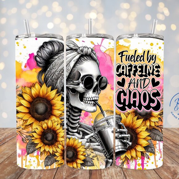 Sunflower Skeleton Tumbler, Fueled By Caffeine And Chaos Cup, Caffeine Lover Mug - Picture 1 of 7
